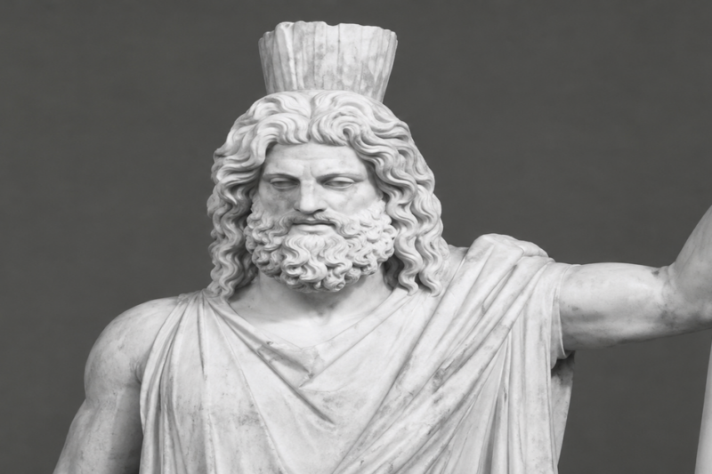 Ασπρόμαυρη φωτογραφία ενός κλασικού μαρμάρινου αγάλματος σε κοντινό πλάνο. Απεικονίζει μια ανδρική, επιβλητική μορφή (Τιτάνας Ιαπετός) με μακριά κυματιστά μαλλιά, πυκνή γενειάδα και στέμμα, να κρατά ένα σκήπτρο στο αριστερό χέρι, σε γκρι φόντο.