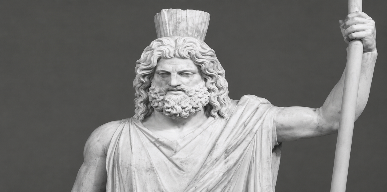 Ασπρόμαυρη φωτογραφία ενός κλασικού μαρμάρινου αγάλματος σε κοντινό πλάνο. Απεικονίζει μια ανδρική, επιβλητική μορφή (Τιτάνας Ιαπετός) με μακριά κυματιστά μαλλιά, πυκνή γενειάδα και στέμμα, να κρατά ένα σκήπτρο στο αριστερό χέρι, σε γκρι φόντο.