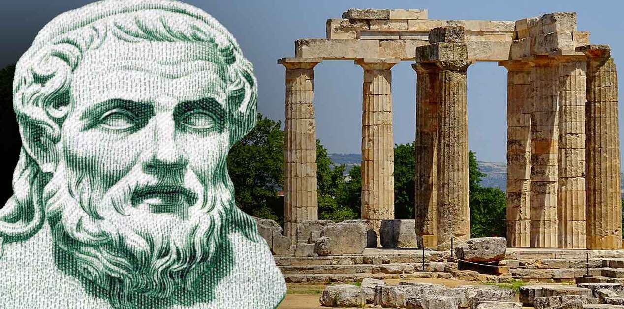 Σύνθεση εικόνας με προτομή του αρχαίου Έλληνα ποιητή Ησιόδου σε πράσινη απόχρωση και αρχαίο ελληνικό ναό στο φόντο.