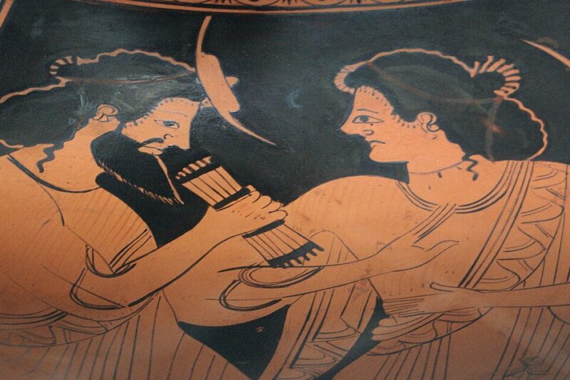 Λεπτομέρεια από αρχαίο ελληνικό αγγείο ερυθρόμορφου ρυθμού που απεικονίζει τον θεό Ερμή και τη μητέρα του, Μαία.