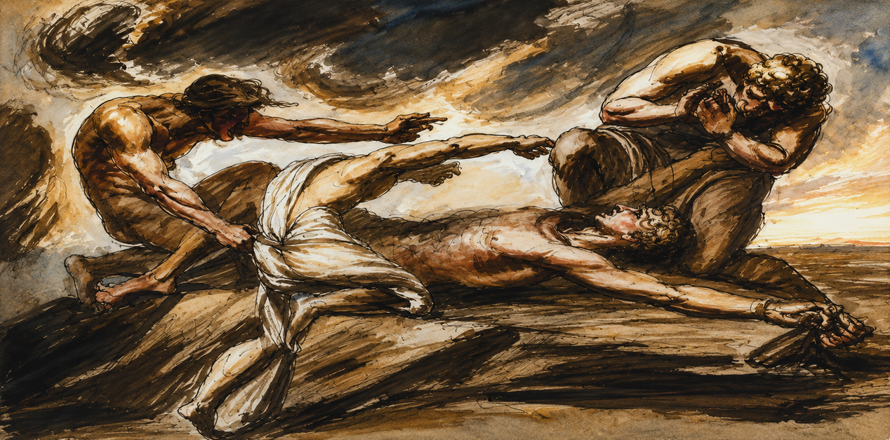 Δραματική σχεδίαση με μελάνι και πλύσιμο (wash drawing) που απεικονίζει τρεις άνδρες σε βίαιη πάλη σε βραχώδη ακτή, με δύο άνδρες να συγκρατούν έναν τρίτο, πεσμένο.