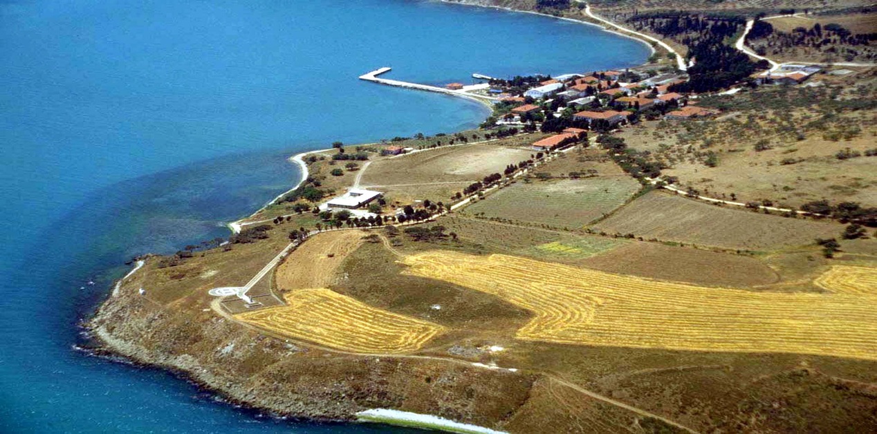 Σύγχρονη αεροφωτογραφία της ακτογραμμής και της ενδοχώρας της νήσου Ιμραλί (αρχαία Βέσβικος) με καλλιεργήσιμες εκτάσεις.