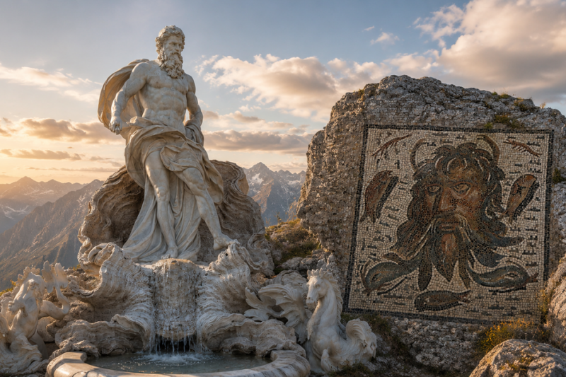 Σύνθεση τοπίου με το μαρμάρινο άγαλμα του Τιτάνα Ωκεανού και ένα αρχαίο ψηφιδωτό του προσώπου του σε ορεινό φόντο κατά το ηλιοβασίλεμα.