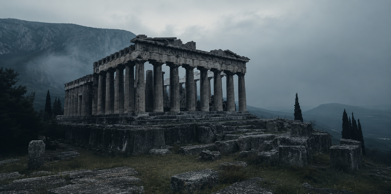 Σκοτεινό τοπίο με αρχαίο ελληνικό ναό τυλιγμένο σε πυκνή ομίχλη, συμβολίζοντας το μυστήριο και τη σκοτεινή θεά Αχλύ στην αρχαία Ελλάδα.
