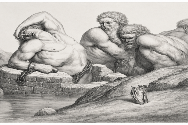 Μια λεπτομερής, μονόχρωμη χάραξη σε στυλ Gustave Doré, που απεικονίζει τρεις τεράστιους, μυώδεις άνδρες (γίγαντες) δεμένους με αλυσίδες γύρω από μια κυκλική, πλινθόκτιστη κατασκευή που βγαίνει από μια λίμνη. Μια μικρή, καλυμμένη ανθρώπινη φιγούρα στέκεται στην όχθη.