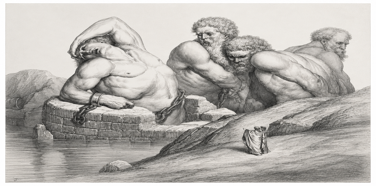 Μια λεπτομερής, μονόχρωμη χάραξη σε στυλ Gustave Doré, που απεικονίζει τρεις τεράστιους, μυώδεις άνδρες (γίγαντες) δεμένους με αλυσίδες γύρω από μια κυκλική, πλινθόκτιστη κατασκευή που βγαίνει από μια λίμνη. Μια μικρή, καλυμμένη ανθρώπινη φιγούρα στέκεται στην όχθη.