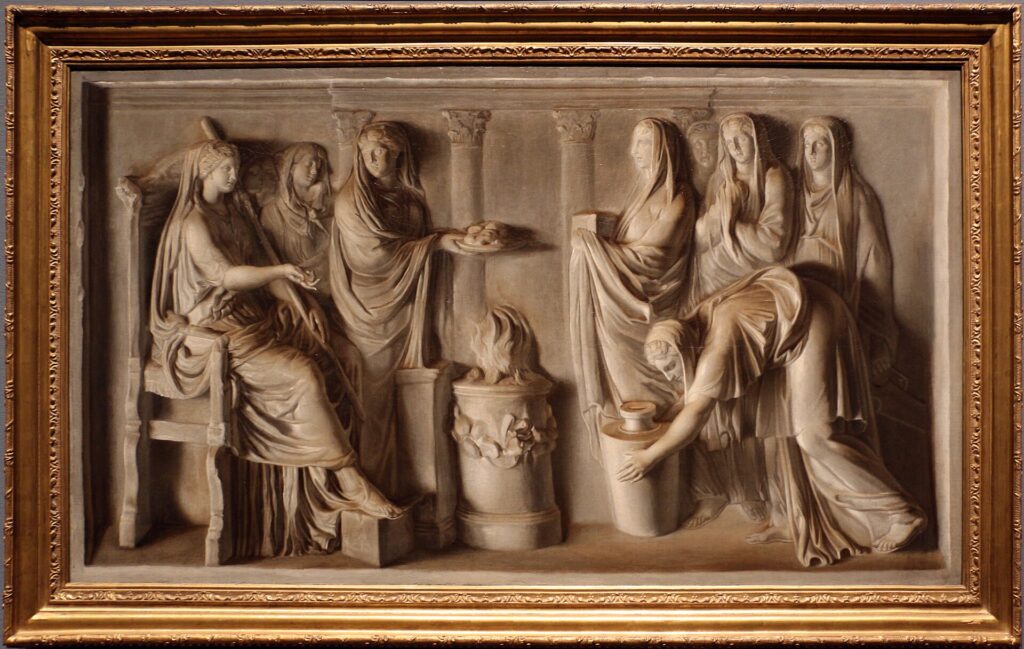 Μονόχρωμος πίνακας (grisaille) που μοιάζει με ανάγλυφο, απεικονίζοντας Εστιάδες γύρω από την ιερή φωτιά.
