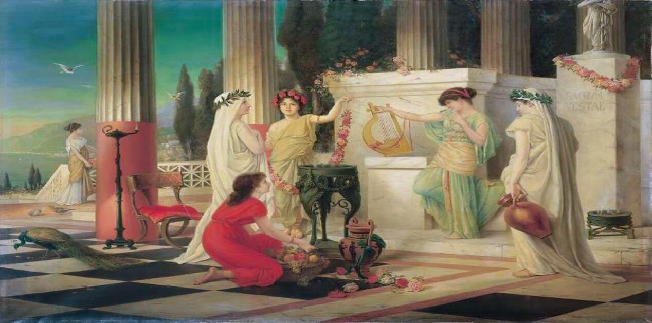 Πολύχρωμος πίνακας που αναπαριστά ιέρειες μέσα στον Ναό της Εστίας με λουλούδια, μουσικά όργανα και ένα παγώνι.