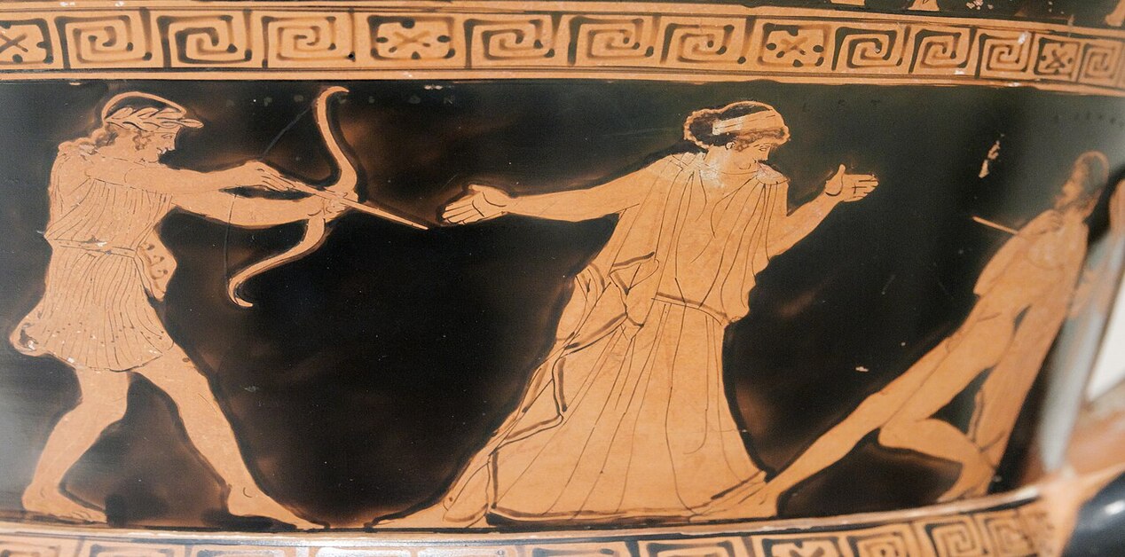 Ερυθρόμορφο αγγείο που απεικονίζει τον Απόλλωνα να προστατεύει τη μητέρα του, Λητώ, ρίχνοντας βέλος στον γίγαντα Τιτυό.