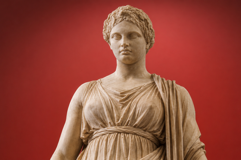 Προτομή μαρμάρινου αγάλματος της αρχαίας Ελληνίδας θεάς Θέμιδος, με λεπτομερώς σμιλεμένα coiled hair, πτυχώσεις στο χιτώνα και ιμάτιο, και ήρεμη έκφραση, σε μονόχρωμο κόκκινο φόντο.