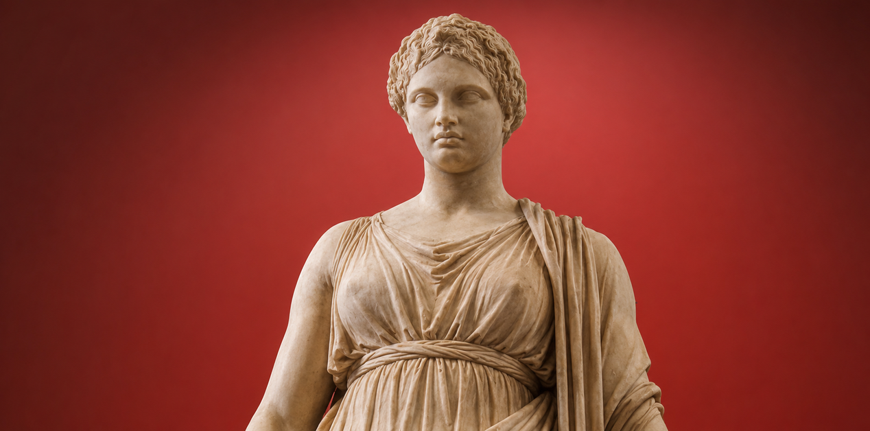 Προτομή μαρμάρινου αγάλματος της αρχαίας Ελληνίδας θεάς Θέμιδος, με λεπτομερώς σμιλεμένα coiled hair, πτυχώσεις στο χιτώνα και ιμάτιο, και ήρεμη έκφραση, σε μονόχρωμο κόκκινο φόντο.
