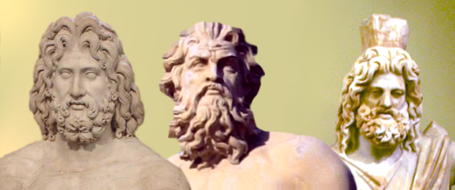 Μαρμάρινες προτομές τριών αρχαίων γενειοφόρων θεών, που συμβολίζουν την κυριαρχία του Ολύμπου μετά την Τιτανομαχία.