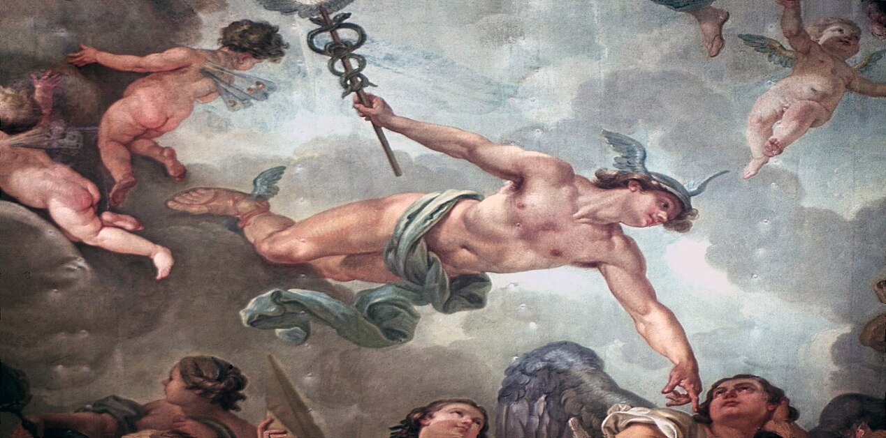 Νωπογραφία που απεικονίζει τον θεό Ερμή να πετάει στον ουρανό κρατώντας το κηρύκειο, πλαισιωμένος από μικρά χερουβείμ.