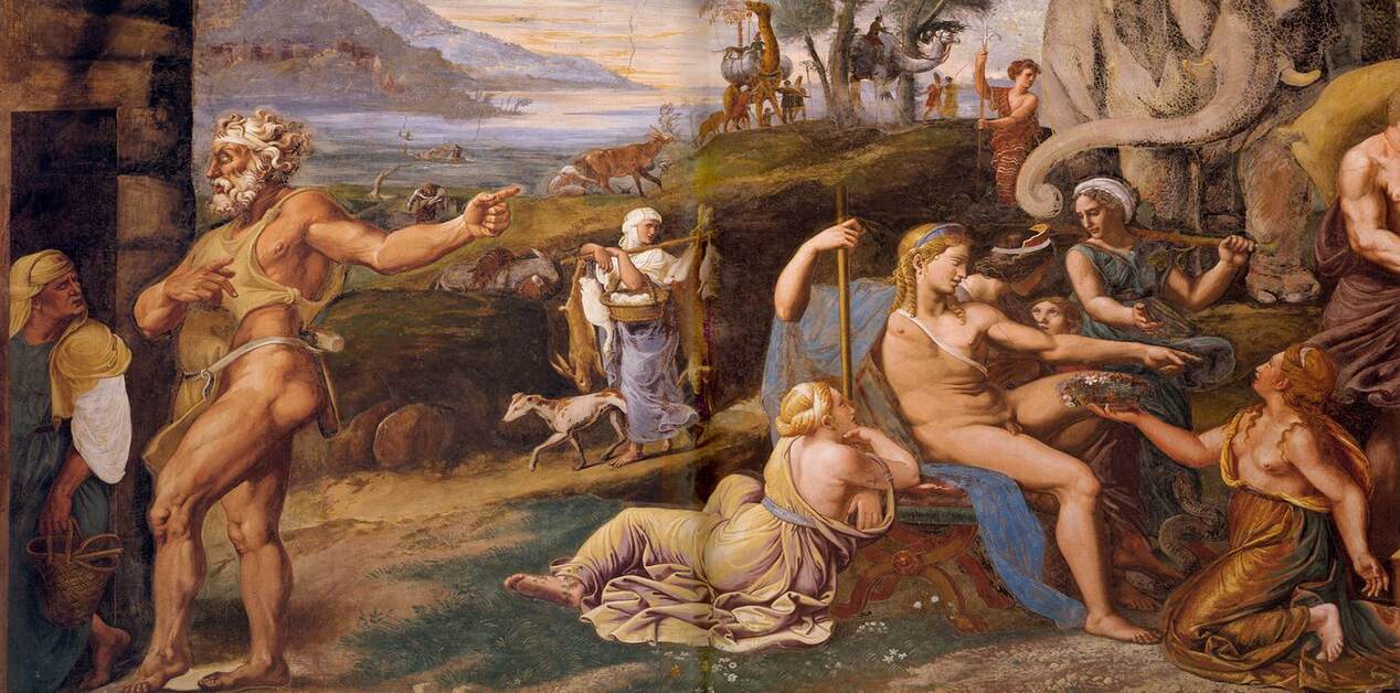Νωπογραφία του Ήφαιστου στο σιδηρουργείο του δίπλα σε σκηνή προσφοράς στον Απόλλωνα.