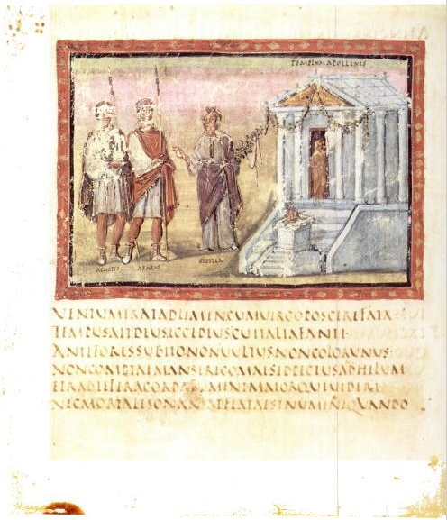 Μεσαιωνικό εικονογραφημένο χειρόγραφο με λατινικό κείμενο και εικονογράφηση του Αινεία με τη Σίβυλλα μπροστά από έναν αρχαίο ναό.