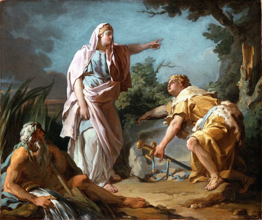 Ένας πίνακας ζωγραφικής του Nicolas Poussin. Σε ένα τοπίο με αρχαία ρωμαϊκά ερείπια, ένας νεαρός, μυώδης άνδρας (Θησέας) σκύβει, προσπαθώντας να σηκώσει έναν μεγάλο, επίπεδο βράχο, κάτω από τον οποίο φαίνεται ένα σπαθί. Στο κέντρο, μια γυναίκα (Αίθρα) με κίτρινο χιτώνα και γαλάζιο ιμάτιο στέκεται και δείχνει με το δεξί της χέρι προς τον άνδρα. Μια άλλη γυναίκα κρατά ένα βρέφος στα αριστερά.