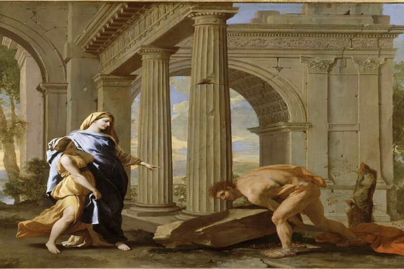 Ένας πίνακας ζωγραφικής του Nicolas Poussin. Σε ένα τοπίο με αρχαία ρωμαϊκά ερείπια, ένας νεαρός, μυώδης άνδρας (Θησέας) σκύβει, προσπαθώντας να σηκώσει έναν μεγάλο, επίπεδο βράχο, κάτω από τον οποίο φαίνεται ένα σπαθί. Στο κέντρο, μια γυναίκα (Αίθρα) με κίτρινο χιτώνα και γαλάζιο ιμάτιο στέκεται και δείχνει με το δεξί της χέρι προς τον άνδρα. Μια άλλη γυναίκα κρατά ένα βρέφος στα αριστερά.