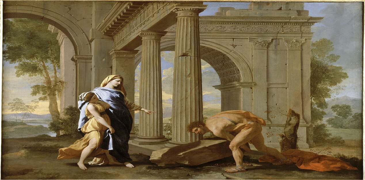 Ένας πίνακας ζωγραφικής του Nicolas Poussin. Σε ένα τοπίο με αρχαία ρωμαϊκά ερείπια, ένας νεαρός, μυώδης άνδρας (Θησέας) σκύβει, προσπαθώντας να σηκώσει έναν μεγάλο, επίπεδο βράχο, κάτω από τον οποίο φαίνεται ένα σπαθί. Στο κέντρο, μια γυναίκα (Αίθρα) με κίτρινο χιτώνα και γαλάζιο ιμάτιο στέκεται και δείχνει με το δεξί της χέρι προς τον άνδρα. Μια άλλη γυναίκα κρατά ένα βρέφος στα αριστερά.