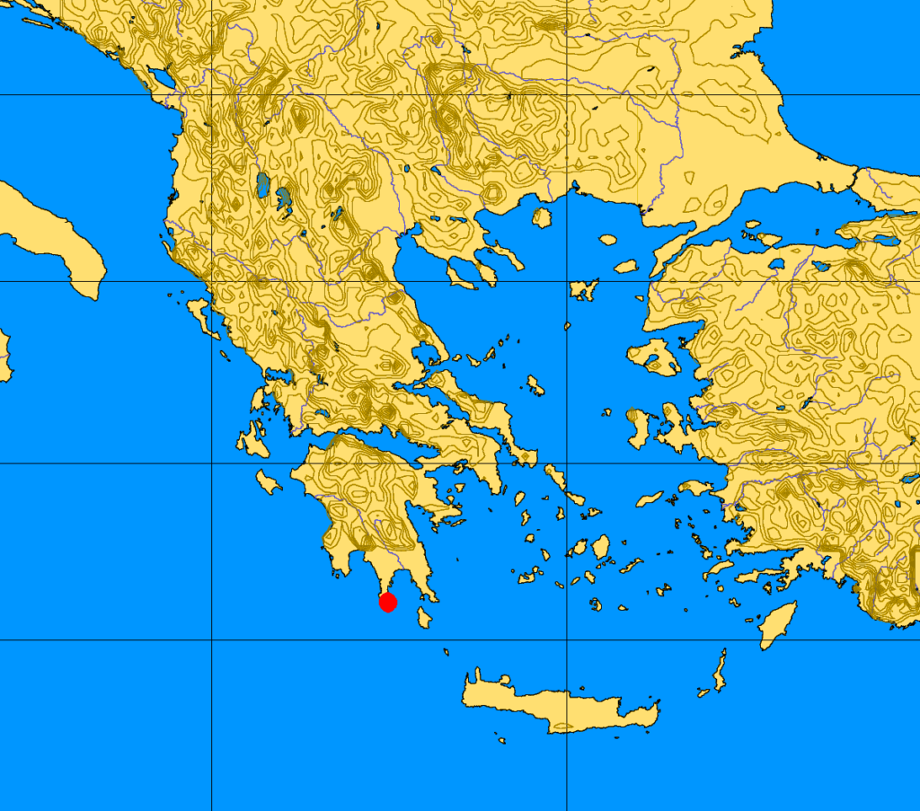 Τοπογραφικός χάρτης της Ελλάδας που δείχνει τη θέση του Ακρωτηρίου Ταινάρου.