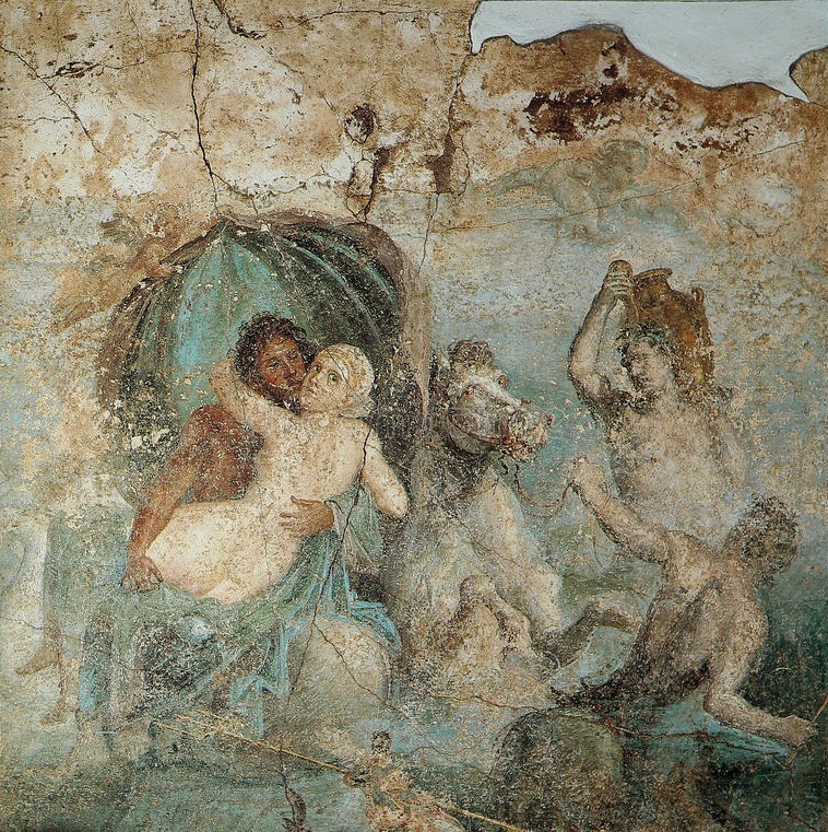 Μια ρωμαϊκή τοιχογραφία (φρεσκογραφία) σε στυλ «νωπογραφίας» που δείχνει ένα μυθολογικό ζευγάρι, πιθανώς τον Ποσειδώνα και την Αμυμώνη, σε ένα θαλάσσιο άρμα με θαλάσσια όντα.