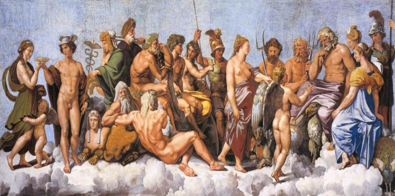 Αναγεννησιακή τοιχογραφία που απεικονίζει το συμβούλιο των θεών του Ολύμπου πάνω στα σύννεφα, με τον Δία, τον Ερμή και τον Ποσειδώνα να ξεχωρίζουν.