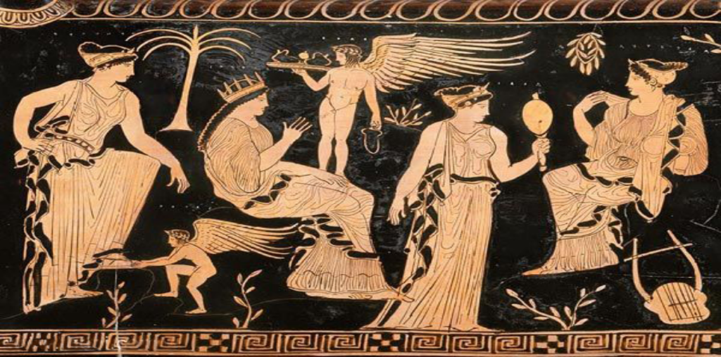 Αρχαιοελληνικό αγγείο ερυθρόμορφου ρυθμού που απεικονίζει γυναικείες θεότητες, πιθανώς τις Χάριτες, και φτερωτούς Έρωτες.
