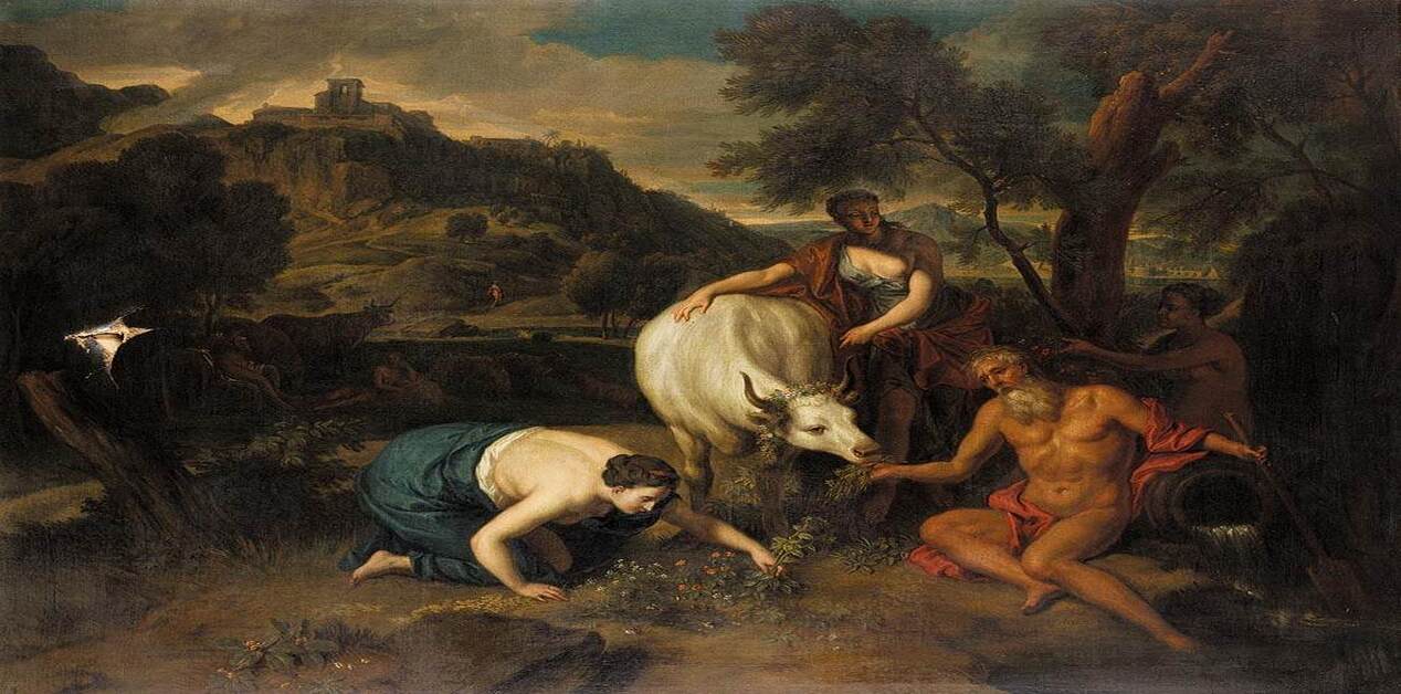 Μυθολογικός πίνακας με τον ποτάμιο θεό Ίναχο να κάθεται δίπλα στη μεταμορφωμένη σε αγελάδα κόρη του, Ιώ, σε ένα ποιμενικό τοπίο του Άργους.