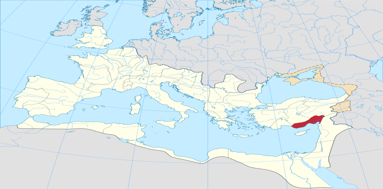 Χάρτης της Ρωμαϊκής Αυτοκρατορίας το 125 μ.Χ. με την επαρχία της Κιλικίας τονισμένη με έντονο κόκκινο χρώμα.