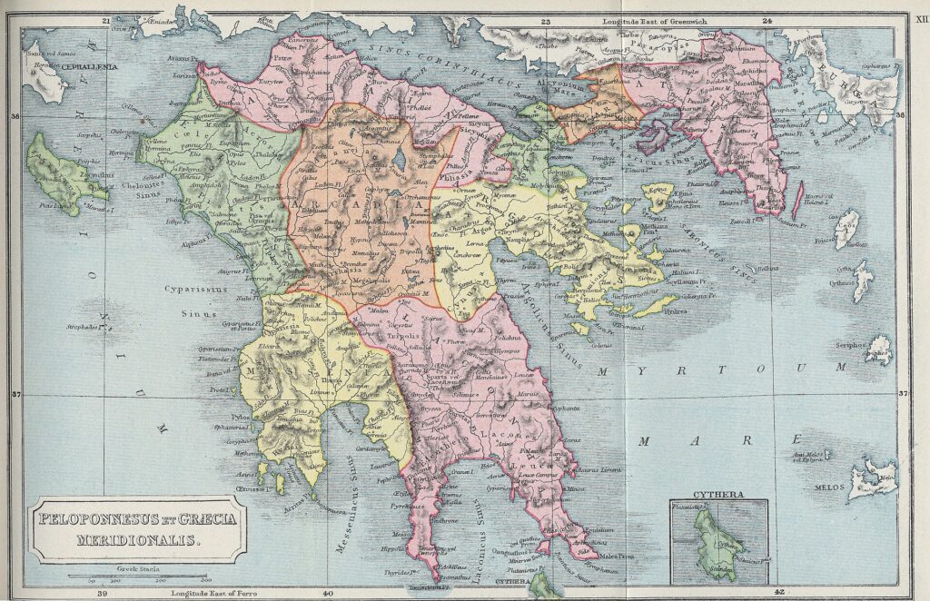 Παλαιός ιστορικός χάρτης της Πελοποννήσου και της νότιας Ελλάδας με περιοχές χωρισμένες χρωματικά.
