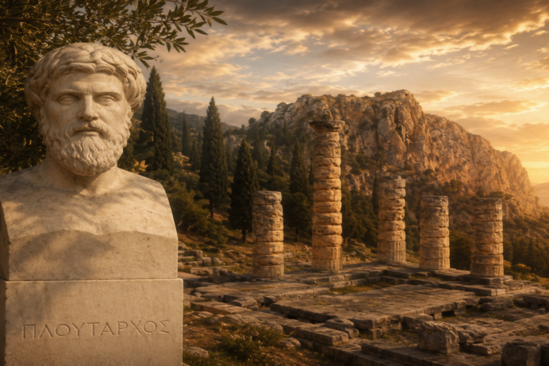 Καλλιτεχνική απεικόνιση προτομής του Πλούταρχου μπροστά από τα ερείπια του Ναού του Απόλλωνα στους Δελφούς κατά το ηλιοβασίλεμα.