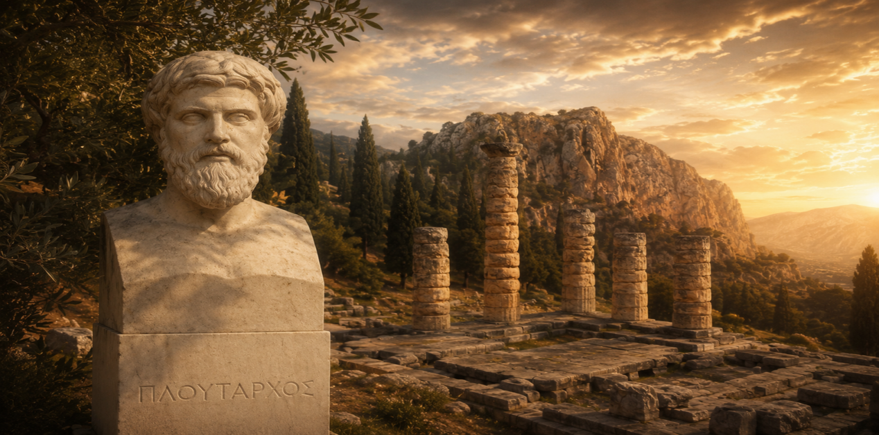 Καλλιτεχνική απεικόνιση προτομής του Πλούταρχου μπροστά από τα ερείπια του Ναού του Απόλλωνα στους Δελφούς κατά το ηλιοβασίλεμα.